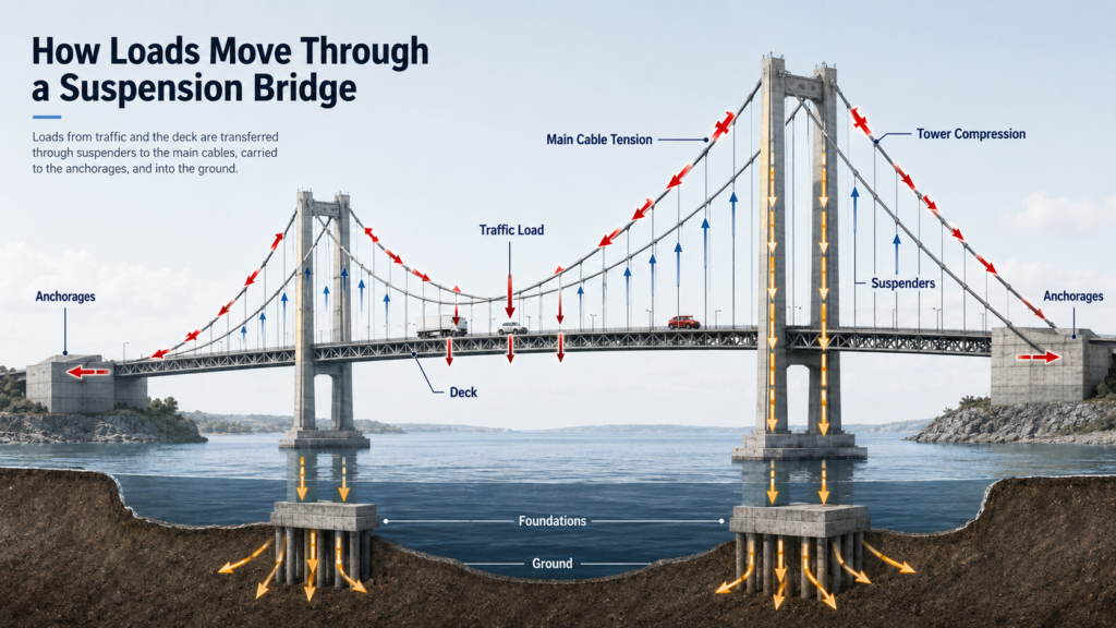 Diagram explaining how loads move through a suspension bridge from the deck and suspenders to the main cables, towers, anchorages, foundations, and ground.