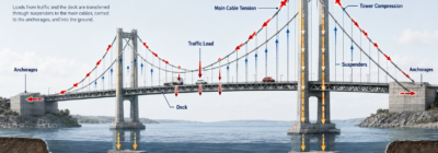 Diagram explaining how loads move through a suspension bridge from the deck and suspenders to the main cables, towers, anchorages, foundations, and ground.