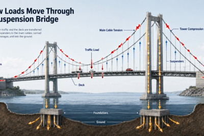 Diagram explaining how loads move through a suspension bridge from the deck and suspenders to the main cables, towers, anchorages, foundations, and ground.