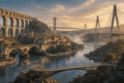 Panoramic view of famous bridges around the world representing history, engineering, travel, and cultural heritage