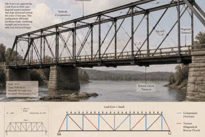 Detailed illustration of a Pratt truss bridge showing tension diagonals and compression verticals