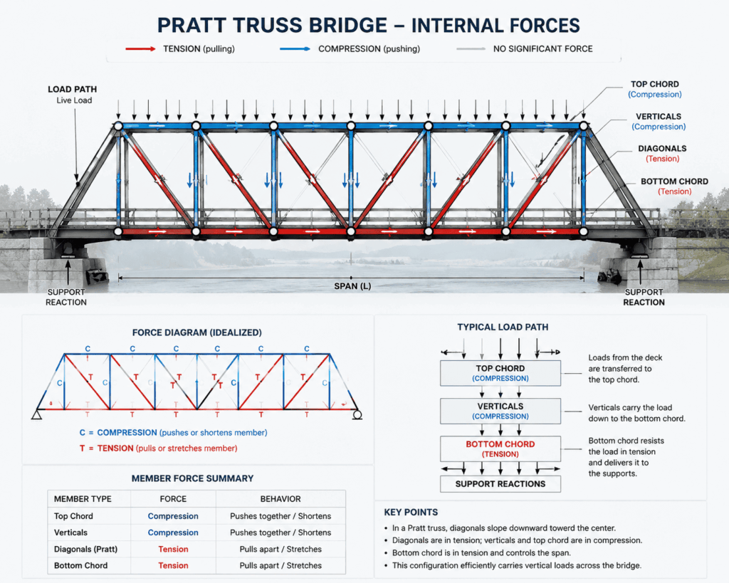 Diagram of a Pratt truss bridge showing tension diagonals and compression verticals under load