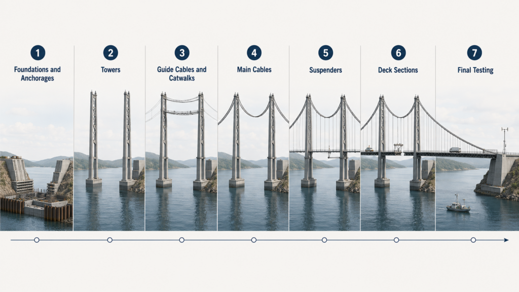 Seven-stage diagram showing the suspension bridge construction sequence from foundations and towers to main cables, suspenders, deck sections, and final testing.