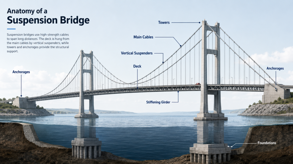 Diagram showing the main components of a suspension bridge, including towers, main cables, vertical suspenders, deck, anchorages, foundations, and stiffening girder.