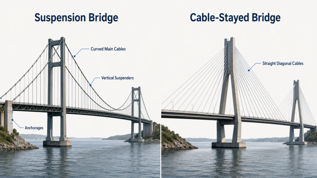 Side-by-side comparison of a suspension bridge with curved main cables and vertical suspenders and a cable-stayed bridge with straight diagonal cables connected directly to the deck.