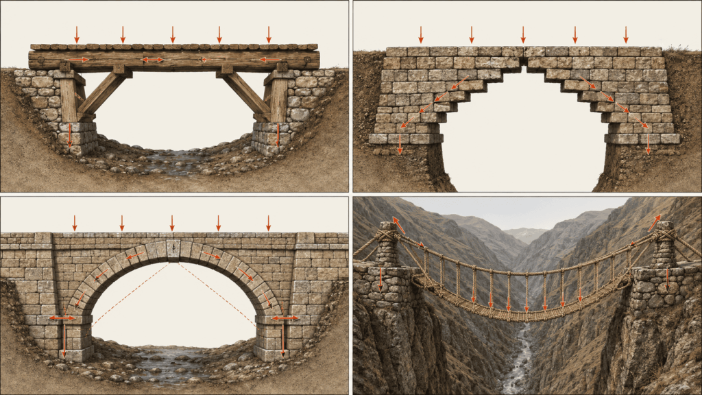 Beam, corbel-arch, true-arch, and rope suspension bridge designs