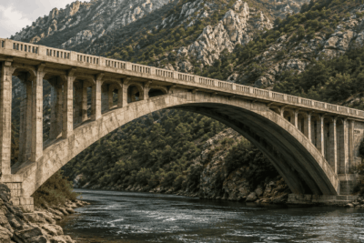 Arch bridge with a curved structural arch transferring loads into strong abutments across a river or valley