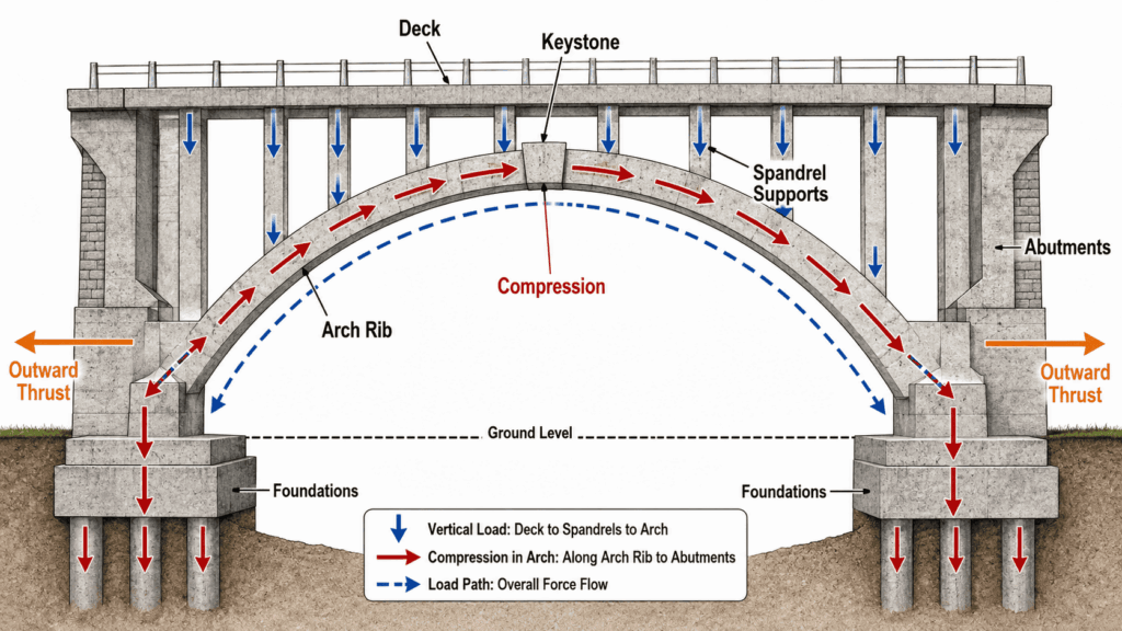 Diagram showing the main parts of an arch bridge and how loads transfer through the arch into the abutments and foundations