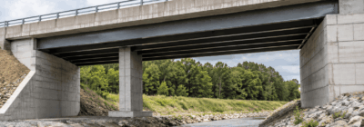 Modern beam bridge with a horizontal deck, girders, and supports crossing a small obstacle