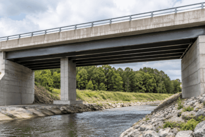 Modern beam bridge with a horizontal deck, girders, and supports crossing a small obstacle