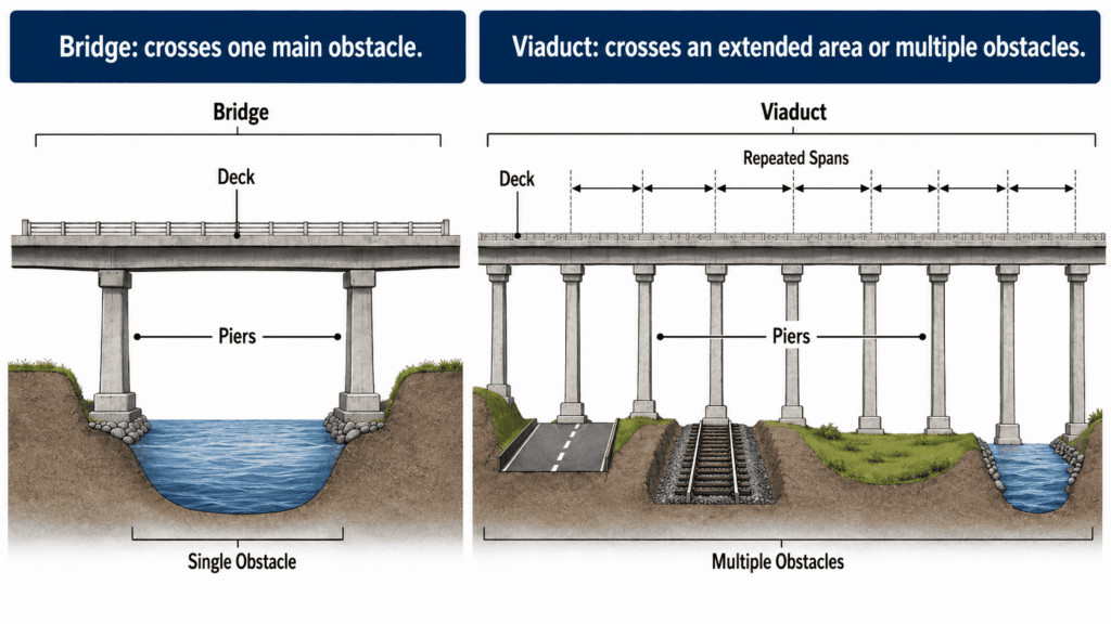 Comparison diagram showing the difference between a bridge crossing one obstacle and a viaduct crossing multiple obstacles with repeated spans