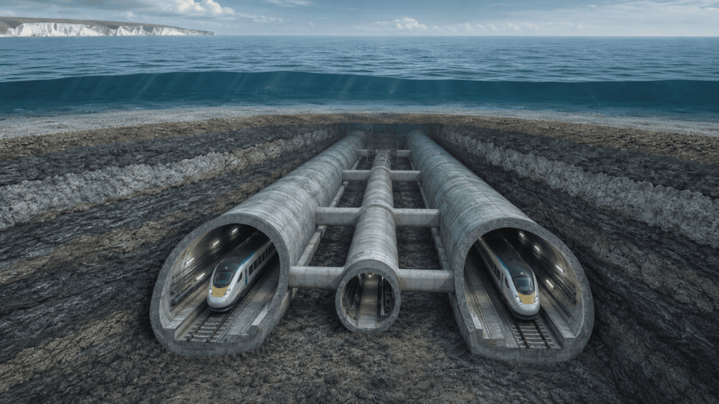 Cutaway of the Channel Tunnel showing two rail tunnels and a central service tunnel beneath the English Channel
