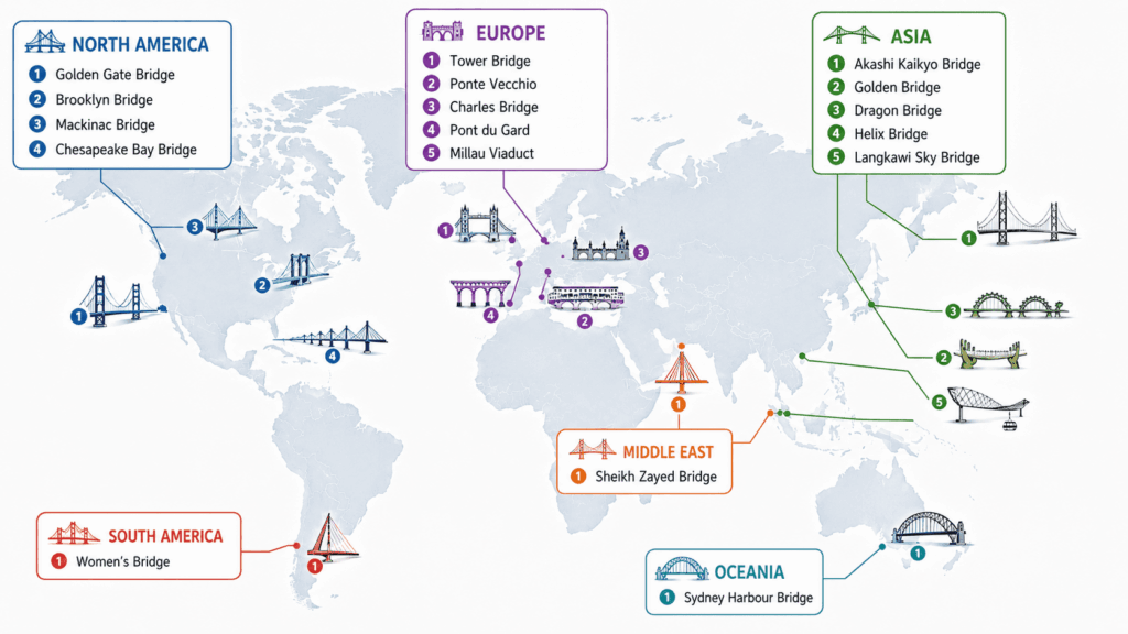 World map showing famous bridges by region including Europe, Asia, North America, Oceania, South America, and the Middle East