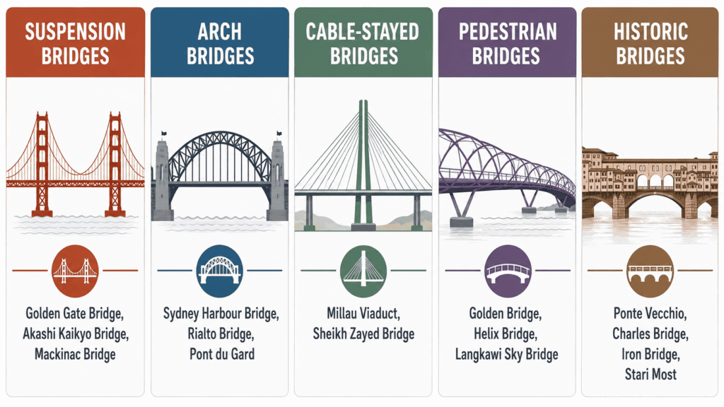 Infographic comparing famous suspension, arch, cable-stayed, pedestrian, and historic bridges with well-known examples