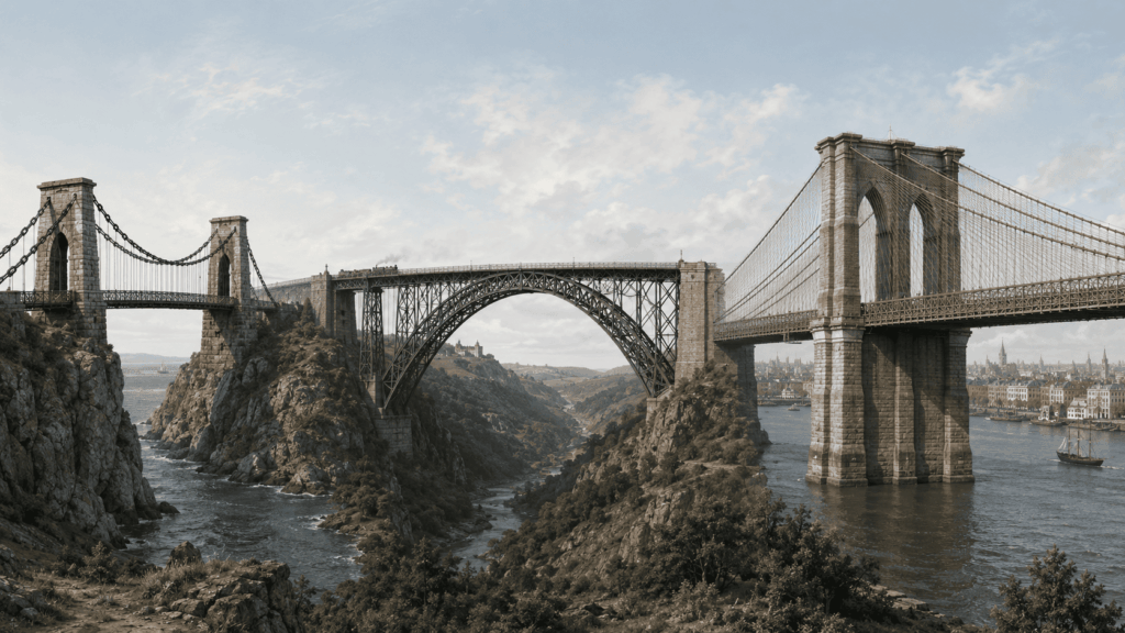 Illustration comparing early chain suspension, iron arch, and steel-cable bridge designs.