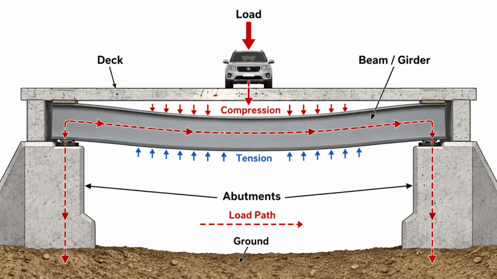 Diagram showing how a beam bridge carries loads through the beam and transfers forces to the abutments