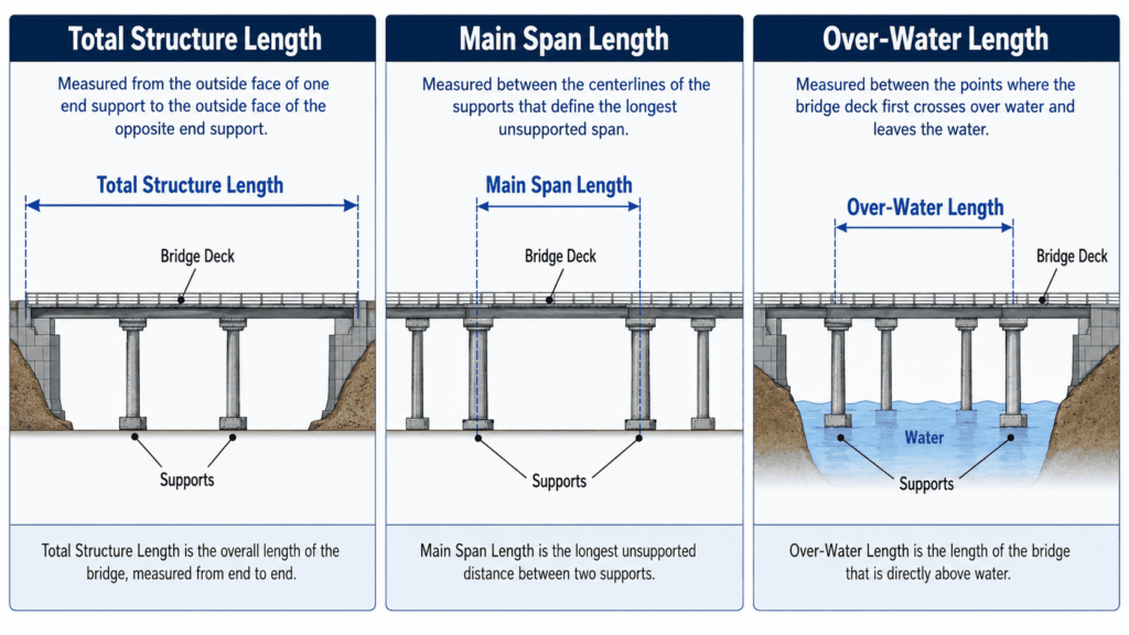 Diagram comparing total structure length, main span length, and over-water length in bridge rankings