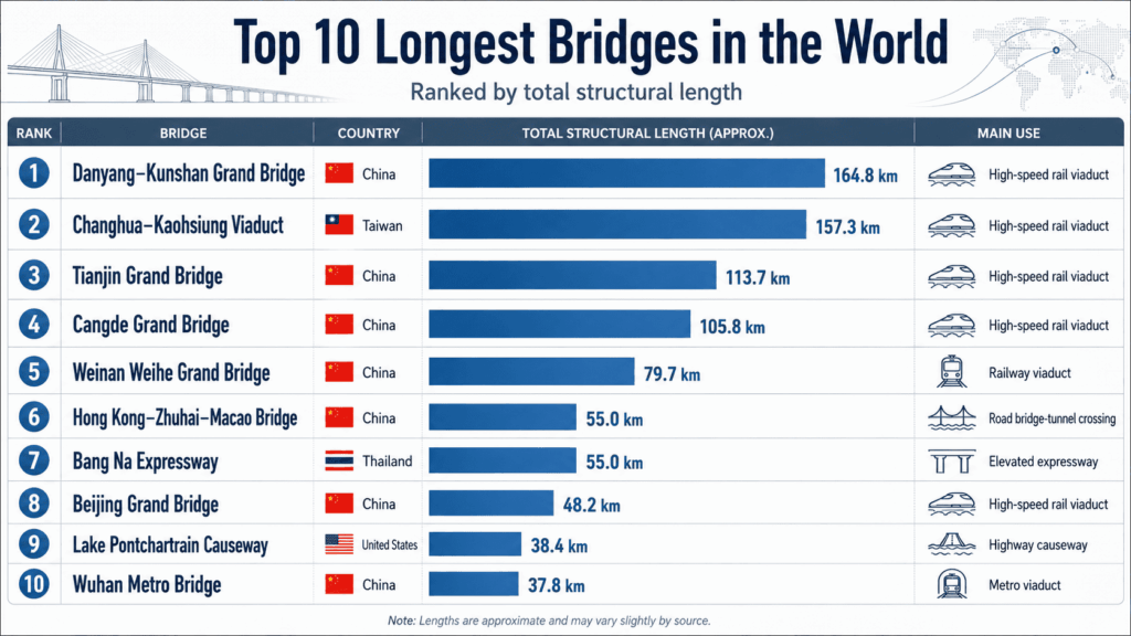 Infographic ranking the longest bridges in the world by total structural length, country, length, and main use