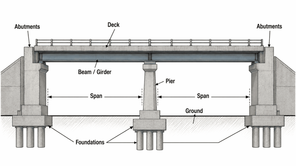 Diagram of the main parts of a beam bridge including deck, beam, abutments, pier, foundations, and span