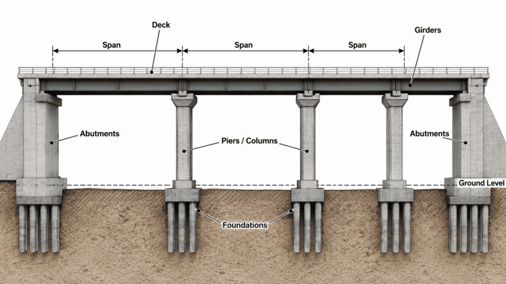 Diagram of the main parts of a viaduct including deck, spans, piers, columns, foundations, abutments, and girders