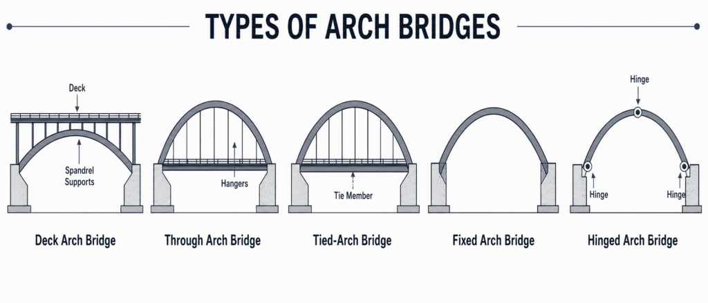 Comparison diagram of deck arch, through arch, tied-arch, fixed arch, and hinged arch bridges