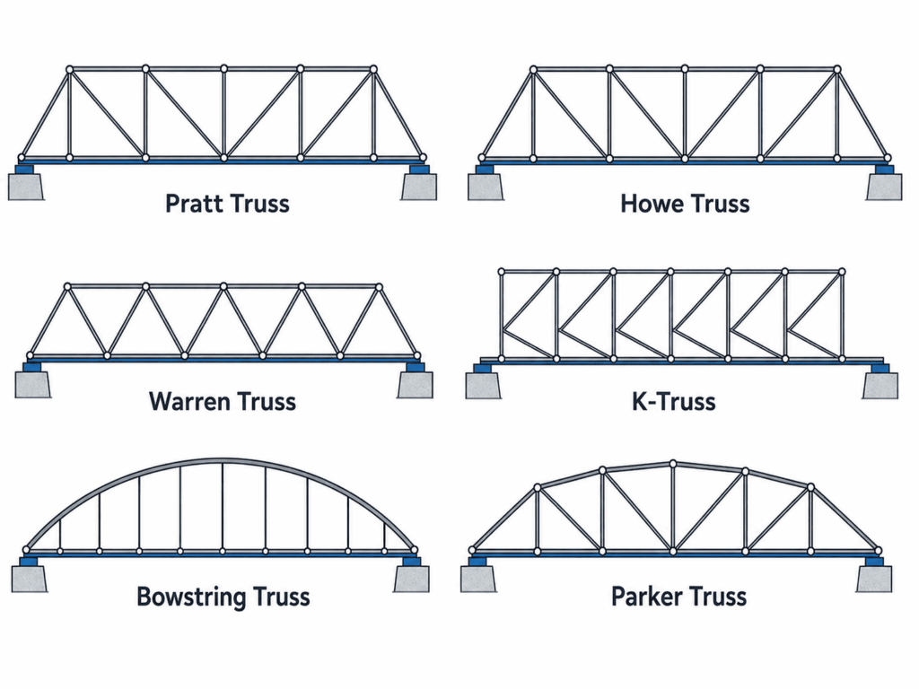 Comparison of Pratt, Howe, Warren, K-truss, Bowstring, and Parker truss bridge designs