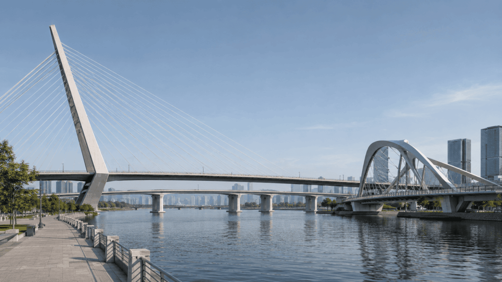 Modern cable-stayed, segmental concrete, and sculptural bridges integrated into an urban waterfront.