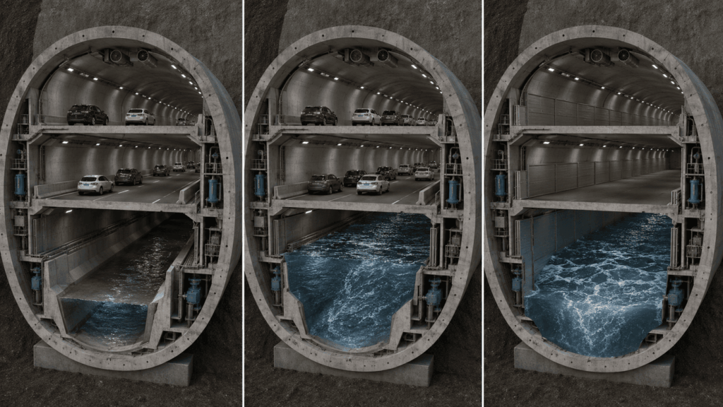 Cutaway showing the SMART Tunnel operating as a highway and stormwater diversion system in Kuala Lumpur