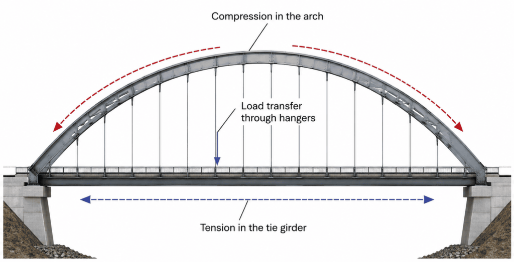 Tied arch bridge diagram showing compression in the arch, tension in the tie girder, and load transfer through hangers