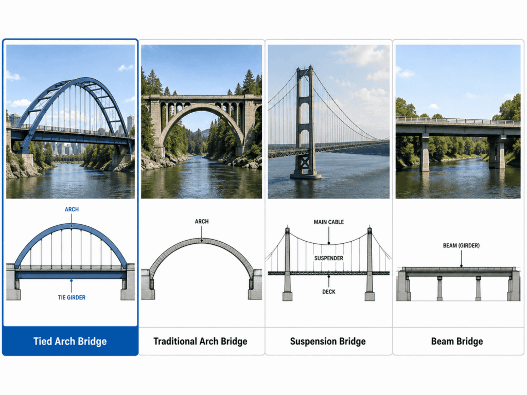 Comparison of a tied arch bridge, traditional arch bridge, suspension bridge, and beam bridge