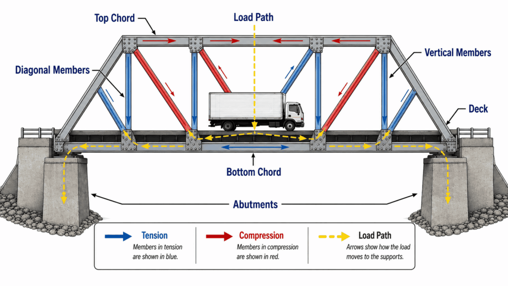 Truss bridge diagram showing load path, tension, compression, deck, chords, members, and abutments
