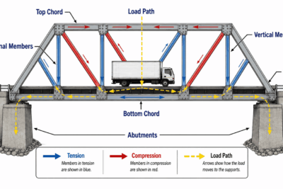 Truss bridge diagram showing load path, tension, compression, deck, chords, members, and abutments