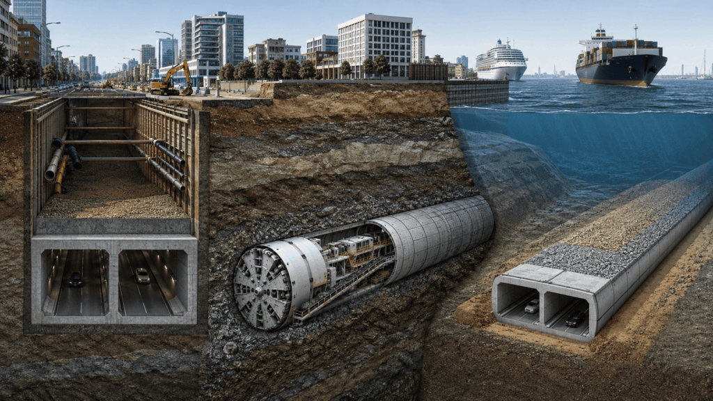 Cross-section comparing cut-and-cover, bored, and immersed-tube tunnel construction methods
