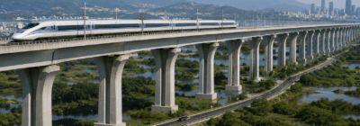 Modern viaduct with repeated spans and piers carrying transportation across complex terrain