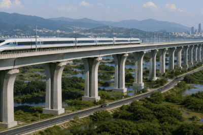 Modern viaduct with repeated spans and piers carrying transportation across complex terrain