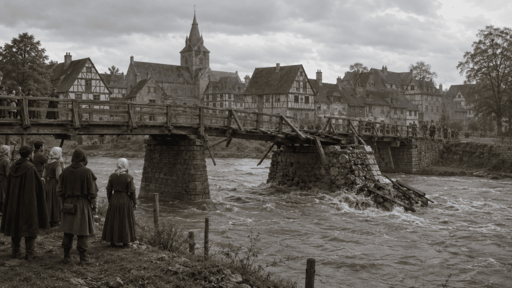 Medieval timber bridge damaged by floodwater before the Industrial Revolution.