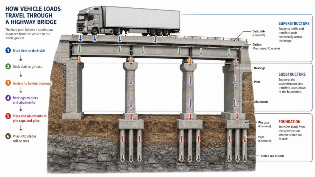 Diagram showing how vehicle loads move through the deck, girders, bearings, piers, and foundation