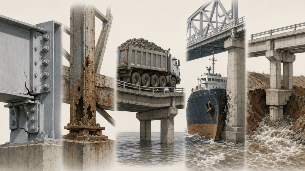 Technical illustration showing design errors, corrosion, overloading, vessel impacts, and scour as causes of bridge failure.