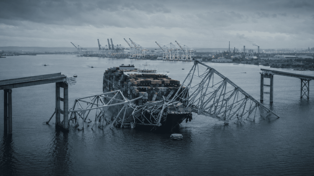 Francis Scott Key Bridge collapse aftermath beside a container ship in Baltimore.