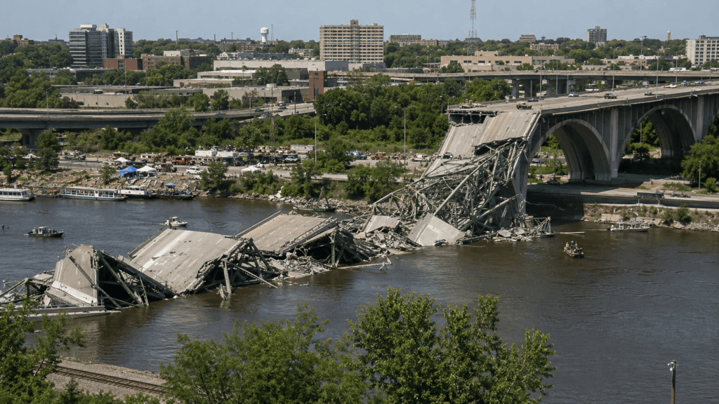 Collapsed I-35W Mississippi River Bridge over the river in Minneapolis.