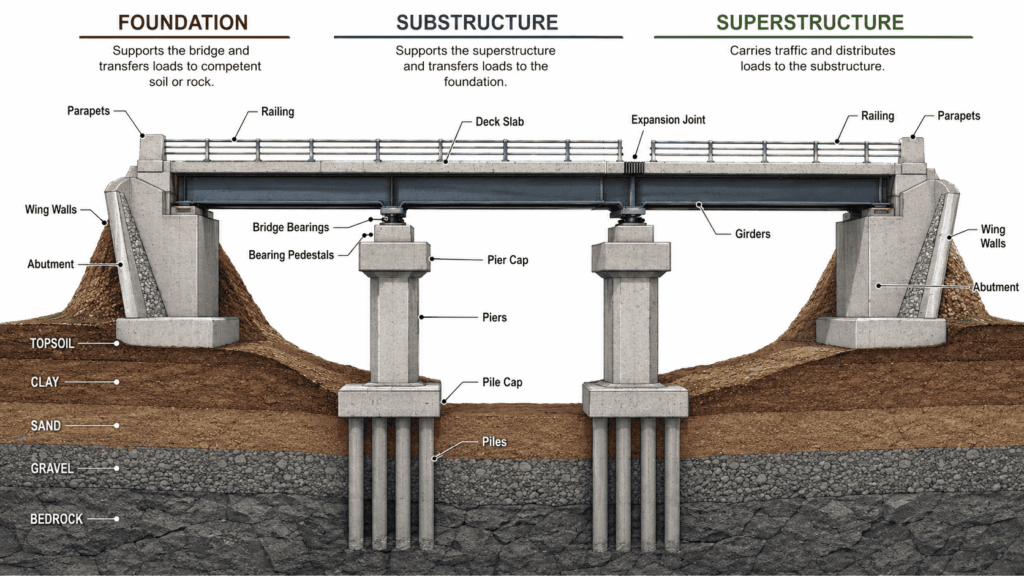 Labeled diagram showing the foundation, substructure, and superstructure parts of a bridge