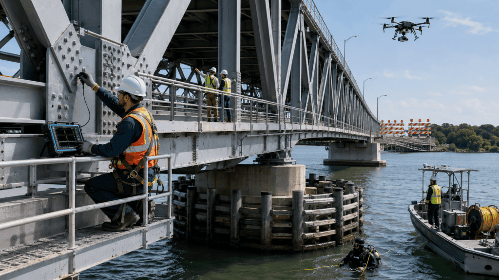 Engineers using bridge inspection, testing, pier protection, and traffic warning systems.