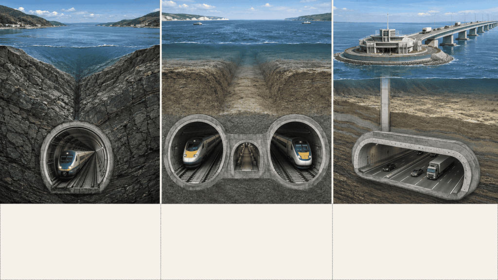 Engineering comparison of the Seikan, Channel, and Tokyo Bay tunnels beneath major waterways.