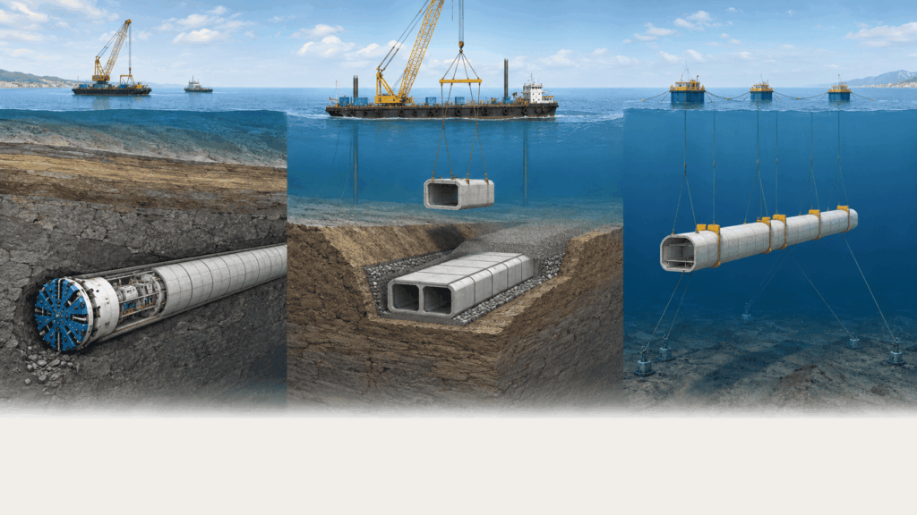 Cutaway comparison of bored, immersed tube, and submerged floating undersea tunnel designs.