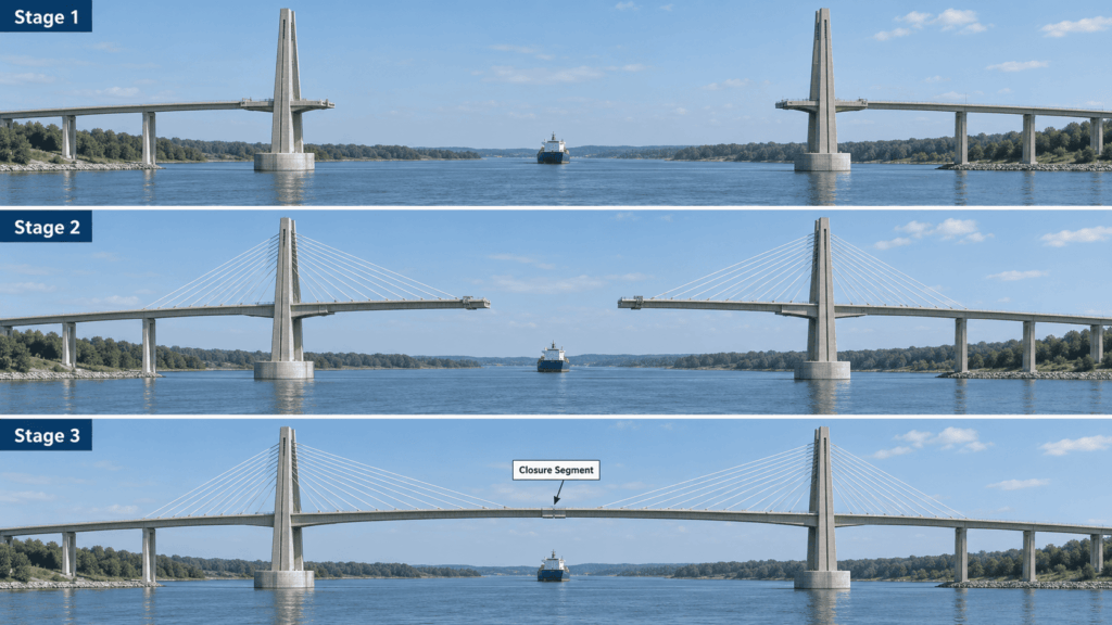 Balanced cantilever construction sequence for a cable-stayed bridge