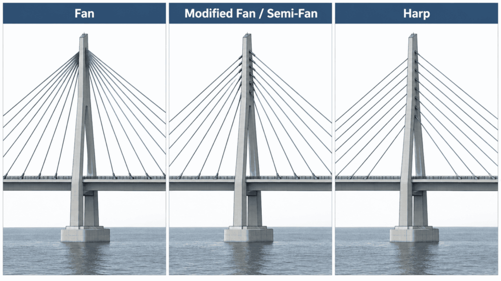 Fan, modified fan, and harp cable arrangements in cable-stayed bridges