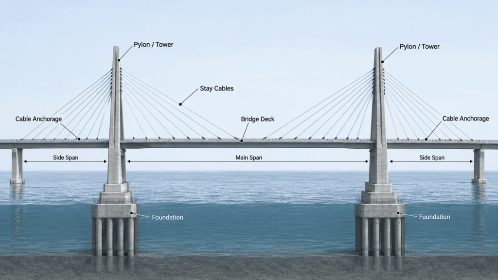 Labeled diagram showing the main parts of a cable-stayed bridge